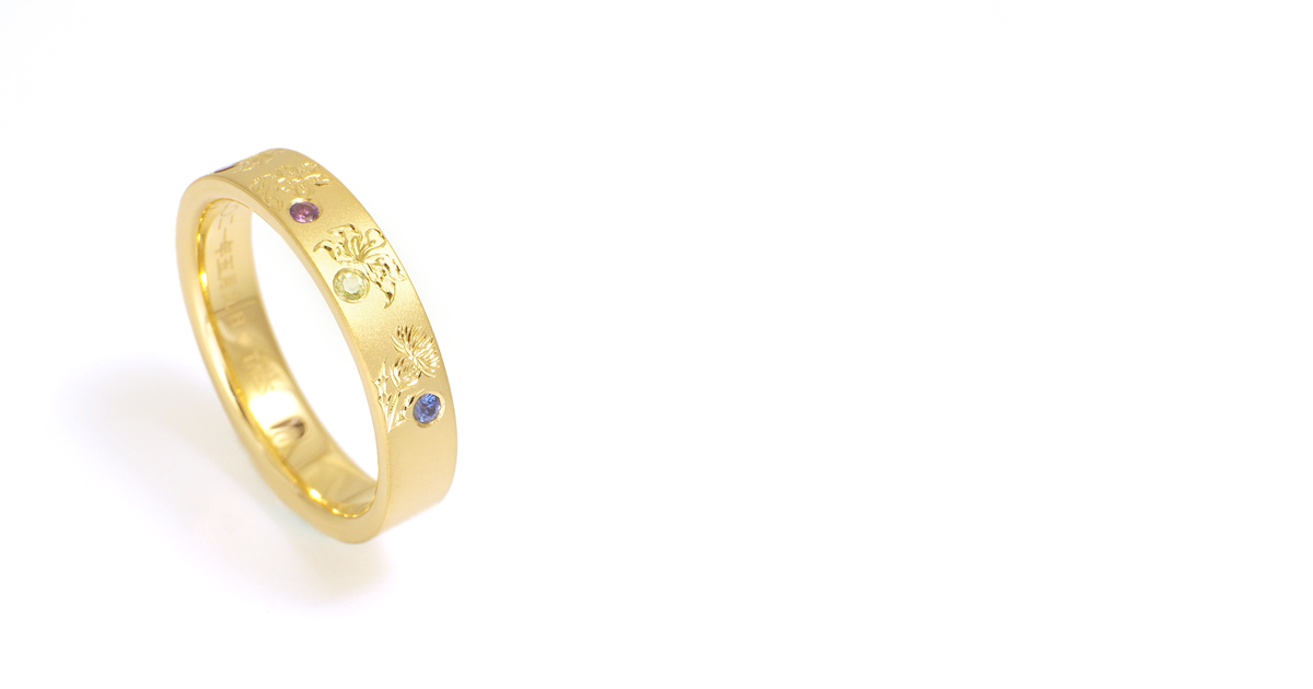 K18 Yellow Gold Japanese Engraving Ring with each natinal flower 